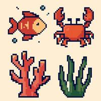 Sea life set with fish, crab, coral, and seaweed Pixel art of retro 8 bit style. Pixel Marine Set for game design, digital stickers, marine themed projects, educational materials. illustration vector