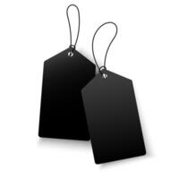 Blank Black Price Tags with Strings on White Background.Set of realistic hanging tags with strings and soft shadow,branding design,product packaging,price labels,sale tags,promotional materials. vector