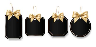 Black gift tags in various shapes with gold satin bows and thin hanging strings in realistic 3D style set, ideal for gift wrapping, product packaging, holiday labels, and luxury branding. vector
