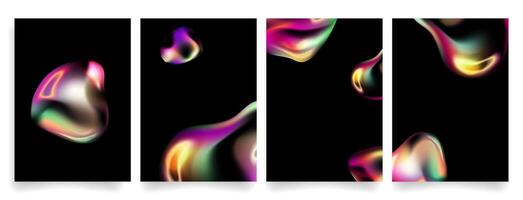 Iridescent Liquid 3D Blobs with Neon Glow poster template Set.Futuristic Holographic Organic bubbles Forms for modern posters, covers, backgrounds, digital art, visual branding. illustration vector