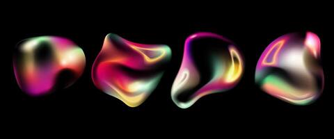 Iridescent Abstract 3D Fluid Shapes set on Black Background.Abstract holographic fluid shapes with iridescent gradient glow, for digital art, modern design, UI elements, posters. illustration vector