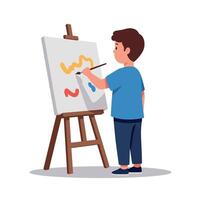 Young boy painting colorful abstract shapes on an easel in a flat and cheerful illustration vector