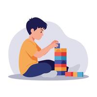 Young boy stacking colorful building blocks in a playful, minimal design style showcasing focus and creativity in art vector