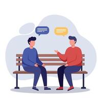 Two men engaging in a lively conversation on a wooden bench in a minimalist flat illustration vector