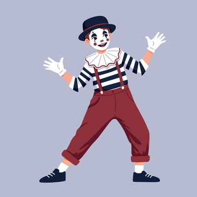 Playful mime performer in striped shirt and red suspenders showcasing joyful expression in flat art