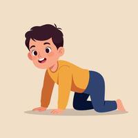 A cheerful young boy crawling playfully on a soft surface in a minimal flat design illustration vector