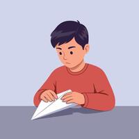 A young boy focused on crafting a paper airplane while sitting at a table in a cozy indoor setting, minimal illustration vector