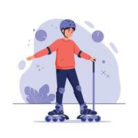 Young boy in a vibrant red sweater and blue helmet confidently roller skating on a smooth surface with a playful, minimal illustration style vector