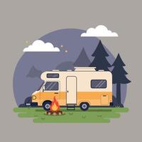 Camper Van in Serene Forest Setting with Campfire in Minimalist Flat Art vector