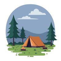 Camping scene with an orange tent and a warm fire surrounded by tall green trees in a flat illustration vector