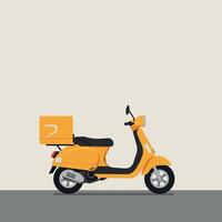 Yellow delivery scooter parked on a grey surface with a simple background in flat art style vector