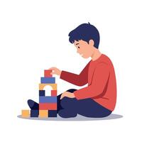 A young boy building a colorful tower with blocks in a flat, minimal illustration vector