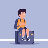 A young boy sitting on a suitcase with a backpack, expressing impatience in a minimal flat illustration vector