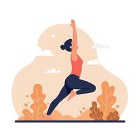 A woman practicing yoga in a serene outdoor setting with colorful foliage in a flat design art vector