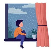 A young boy sitting on a windowsill, gazing thoughtfully at the rain, in a minimal and colorful illustration vector