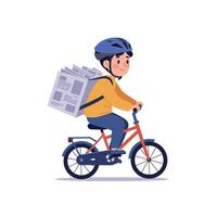 A cheerful boy riding a bicycle while delivering newspapers in a flat and colorful illustration vector