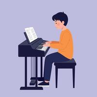 A young boy playing a digital piano with sheet music in a minimal, flat design style showcasing creativity and focus in art vector