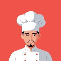 Professional chef wearing a white uniform and tall hat, showcasing a serious expression in a minimalistic flat art style vector