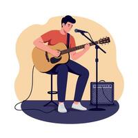 A young man playing acoustic guitar while singing into a microphone in a minimal flat design art vector