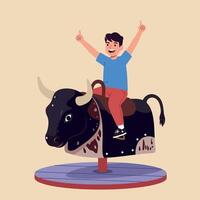 A joyful boy riding a mechanical bull with raised arms, showcasing a playful atmosphere in a flat illustration vector