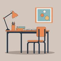Cozy workspace featuring a wooden desk with a modern orange lamp and vibrant artwork in a minimal flat design illustration vector