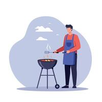 A man grilling burgers and sausages in a backyard setting with a flat design style in cheerful colors, showcasing warmth and enjoyment in art vector