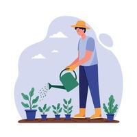 A person watering potted plants in a garden with a green watering can, flat art showcasing growth and nurturing in a peaceful setting vector