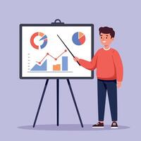 Young man presenting business data with charts in a minimal, colorful style of illustration vector