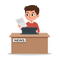 A young boy with a focused expression sitting at a wooden desk with a laptop and paper, in a flat illustration vector