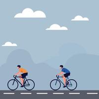 Two cyclists in vibrant gear riding on a smooth road under a cloudy sky in a flat illustration vector