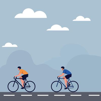 Two cyclists in vibrant gear riding on a smooth road under a cloudy sky in a flat illustration