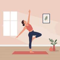 A woman practicing yoga in a serene indoor setting with a minimal design style, showcasing balance and tranquility in art vector