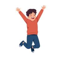 Happy boy jumping joyfully in a vibrant red sweater, showcasing flat design style, celebrating life with exuberance in this colorful illustration vector