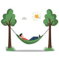 Relaxed man lying in a green hammock between two trees in a flat design illustration vector