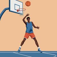 Basketball player in dynamic pose shooting a ball towards the hoop in flat art style capturing athleticism and focus in a vibrant indoor court scene vector