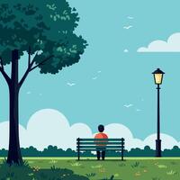 A solitary figure sitting on a park bench under a large tree in a serene flat illustration with soft clouds and distant birds in the sky art vector