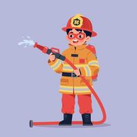 Young boy dressed as a firefighter in bright uniform spraying water with a hose in playful art vector