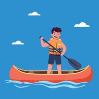 A young man kayaking on a bright blue lake with a joyful expression, surrounded by fluffy clouds, in a flat illustration vector