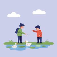 Children feeding ducks by a tranquil pond in a flat, colorful illustration capturing joy and connection with nature vector