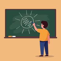 A young boy drawing a bright sun on a green chalkboard in a minimal and cheerful classroom setting, showcasing creativity and inspiration in art vector