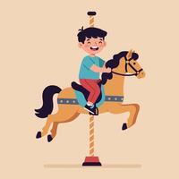 A cheerful boy riding a golden carousel horse in a flat, playful design style showcasing excitement and joy in art vector