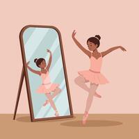Young ballerina practicing her dance moves in front of a mirror with a minimal design style in soft pastel colors, illustration vector