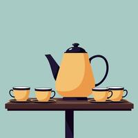 A vibrant yellow teapot with matching cups elegantly arranged on a wooden table, showcasing a minimalistic design in a soothing atmosphere, art vector