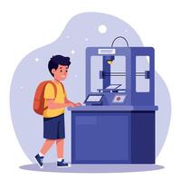 Young boy with backpack interacting with a 3D printer in a creative, flat illustration showcasing innovation and excitement in a modern learning environment vector