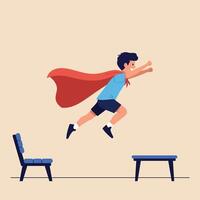 A young boy in a red cape leaps confidently between two chairs in a playful, minimal illustration showcasing childhood imagination and adventure. vector