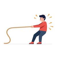 A young boy enthusiastically pulling a rope in a playful tug-of-war competition, showcasing a colorful flat illustration vector