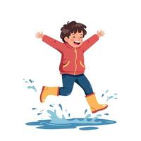 Happy child in red jacket and yellow boots joyfully jumping in a puddle, playful and vibrant flat illustration vector