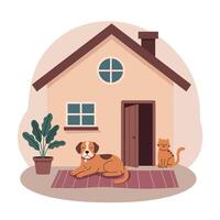 A cozy home setting featuring a relaxed dog and cat, minimal design with warm colors, showcasing companionship in art vector