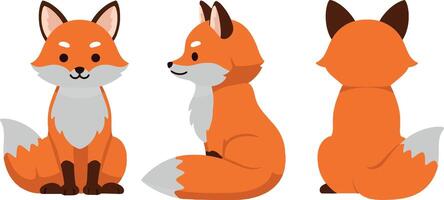 Cute cartoon fox character in flat design showcasing multiple angles in vibrant orange and white colors, perfect for art vector