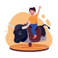 A joyful boy riding a mechanical bull in a playful setting, showcasing bright colors and a fun atmosphere in flat illustration vector